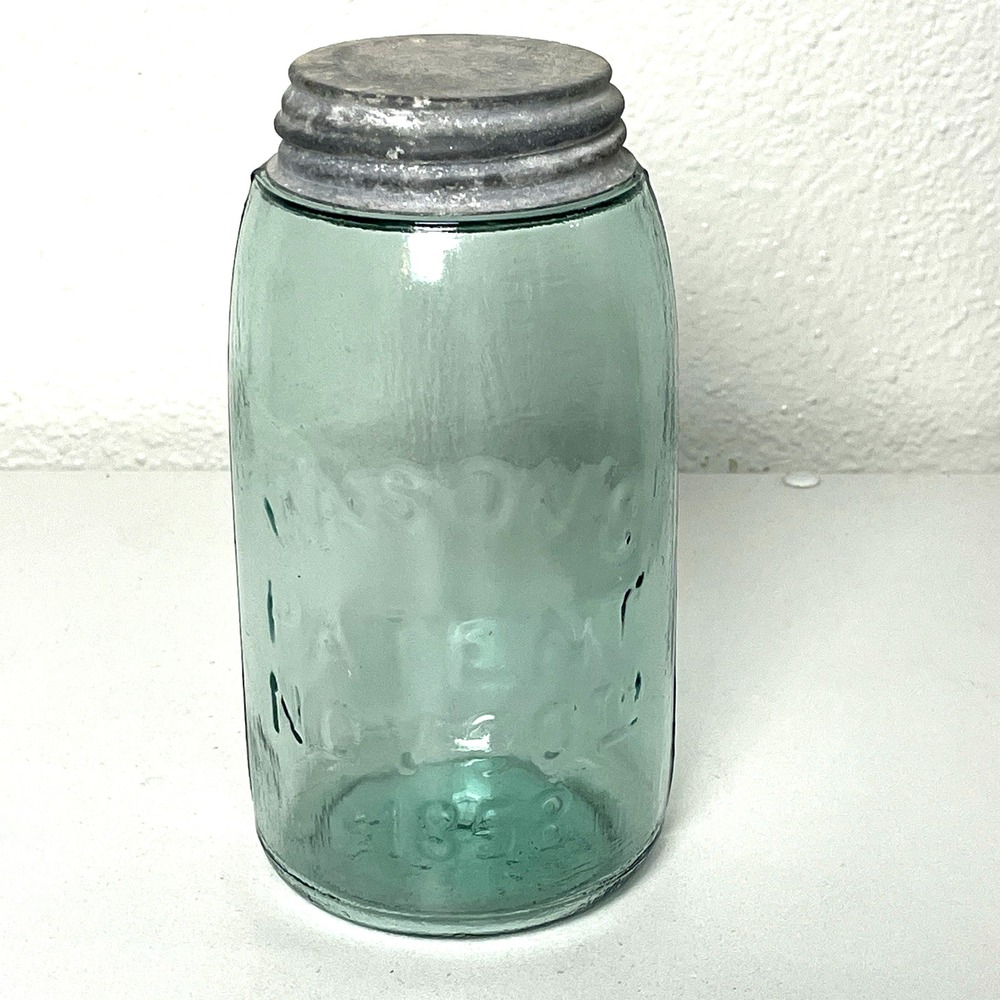 Antique Masons Patent Nov 30th 1858 Quart Jar Green Blue Glass Zinc Lid UNIQUE